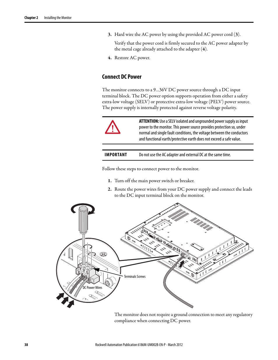 Restore ac power, Connect dc power, Turn off the main power switch or breaker | Secure the cables | Rockwell Automation 6186M-xxxx Industrial Performance Monitors User Manual User Manual | Page 38 / 64