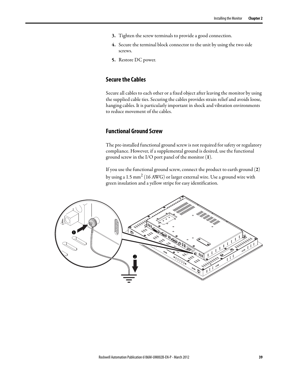 Restore dc power, Secure the cables, Functional ground screw | Rockwell Automation 6186M-xxxx Industrial Performance Monitors User Manual User Manual | Page 39 / 64