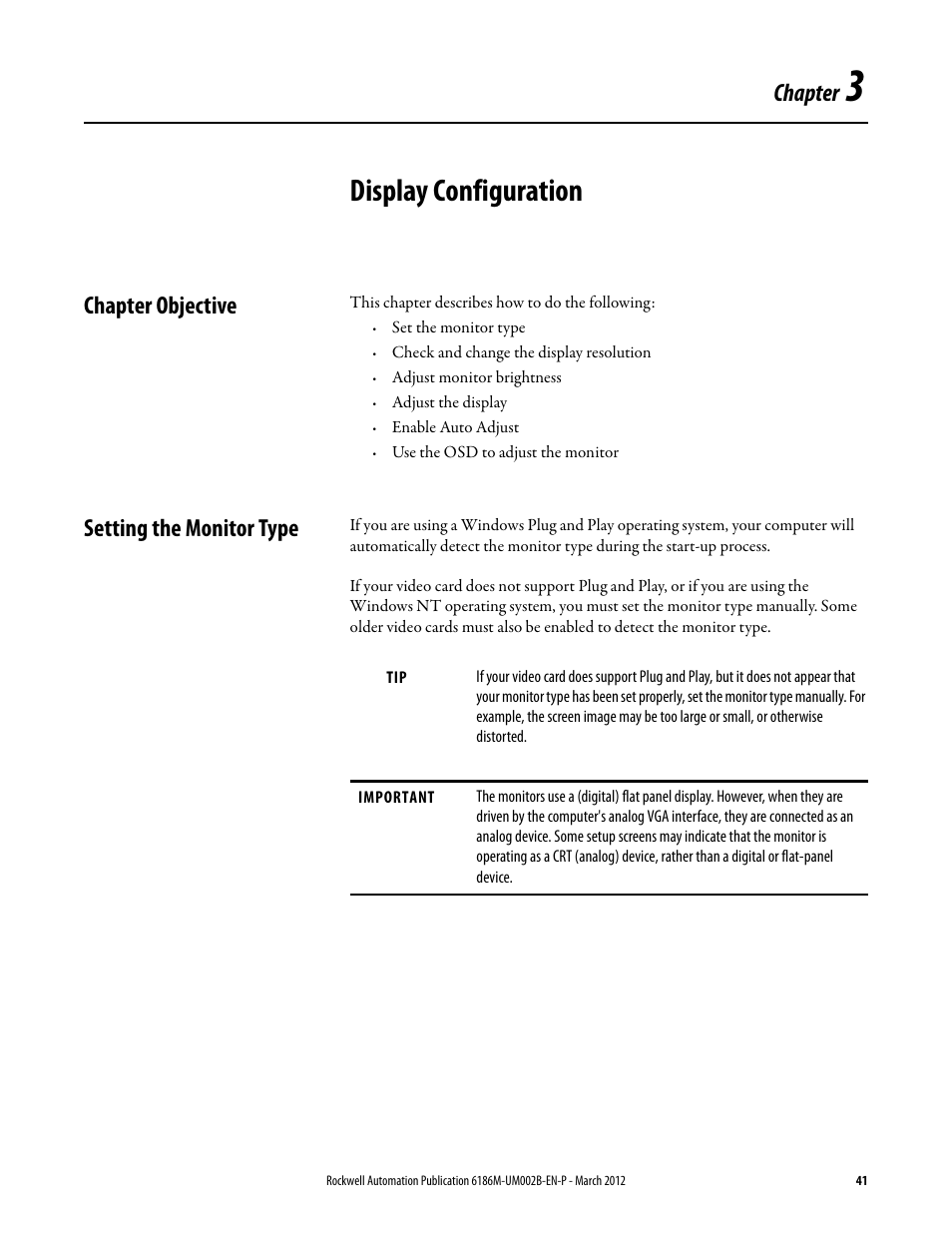 Chapter 3: display configuration, Chapter objective, Setting the monitor type | Display configuration | Rockwell Automation 6186M-xxxx Industrial Performance Monitors User Manual User Manual | Page 41 / 64