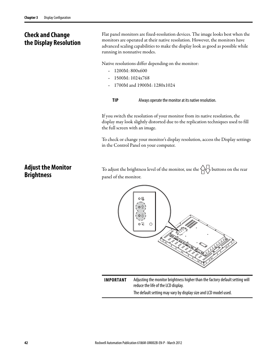 Check and change the display resolution, Adjust the monitor brightness, Lock access to the osd | Rockwell Automation 6186M-xxxx Industrial Performance Monitors User Manual User Manual | Page 42 / 64