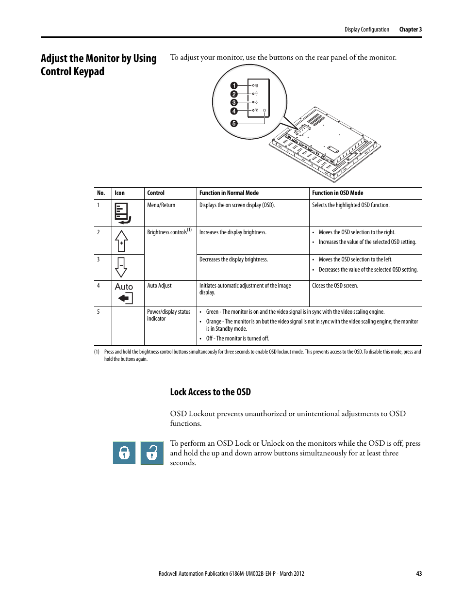 Adjust the monitor by using control keypad, Lock access to the osd | Rockwell Automation 6186M-xxxx Industrial Performance Monitors User Manual User Manual | Page 43 / 64