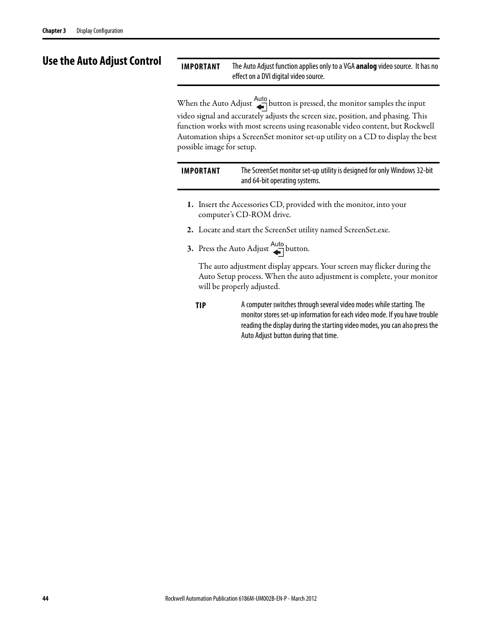 Use the auto adjust control, General osd menu navigation guidelines | Rockwell Automation 6186M-xxxx Industrial Performance Monitors User Manual User Manual | Page 44 / 64