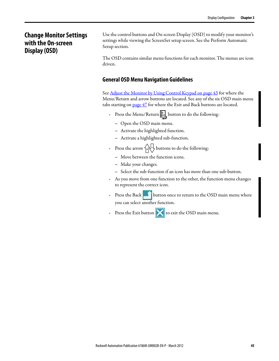 General osd menu navigation guidelines, Osd menus, Osd main menu | Rockwell Automation 6186M-xxxx Industrial Performance Monitors User Manual User Manual | Page 45 / 64