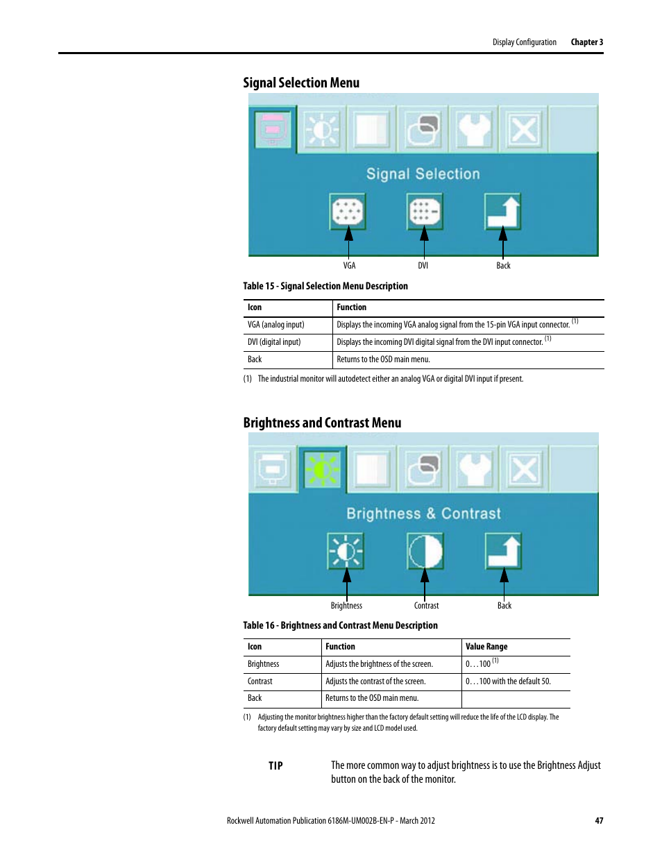 Signal selection menu, Brightness and contrast menu, Color menu image menu | Rockwell Automation 6186M-xxxx Industrial Performance Monitors User Manual User Manual | Page 47 / 64