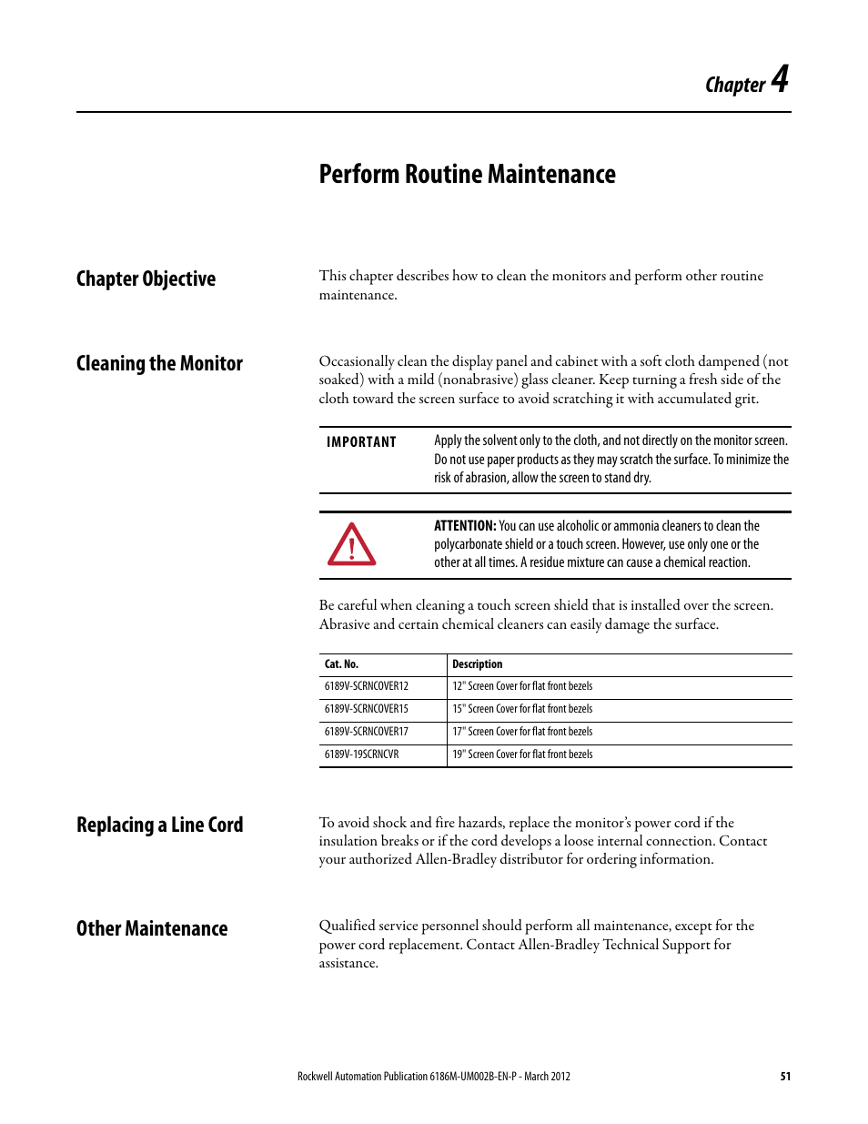 Chapter 4: perform routine maintenance, Chapter objective, Cleaning the monitor | Replacing a line cord, Other maintenance, Perform routine maintenance, Chapter | Rockwell Automation 6186M-xxxx Industrial Performance Monitors User Manual User Manual | Page 51 / 64