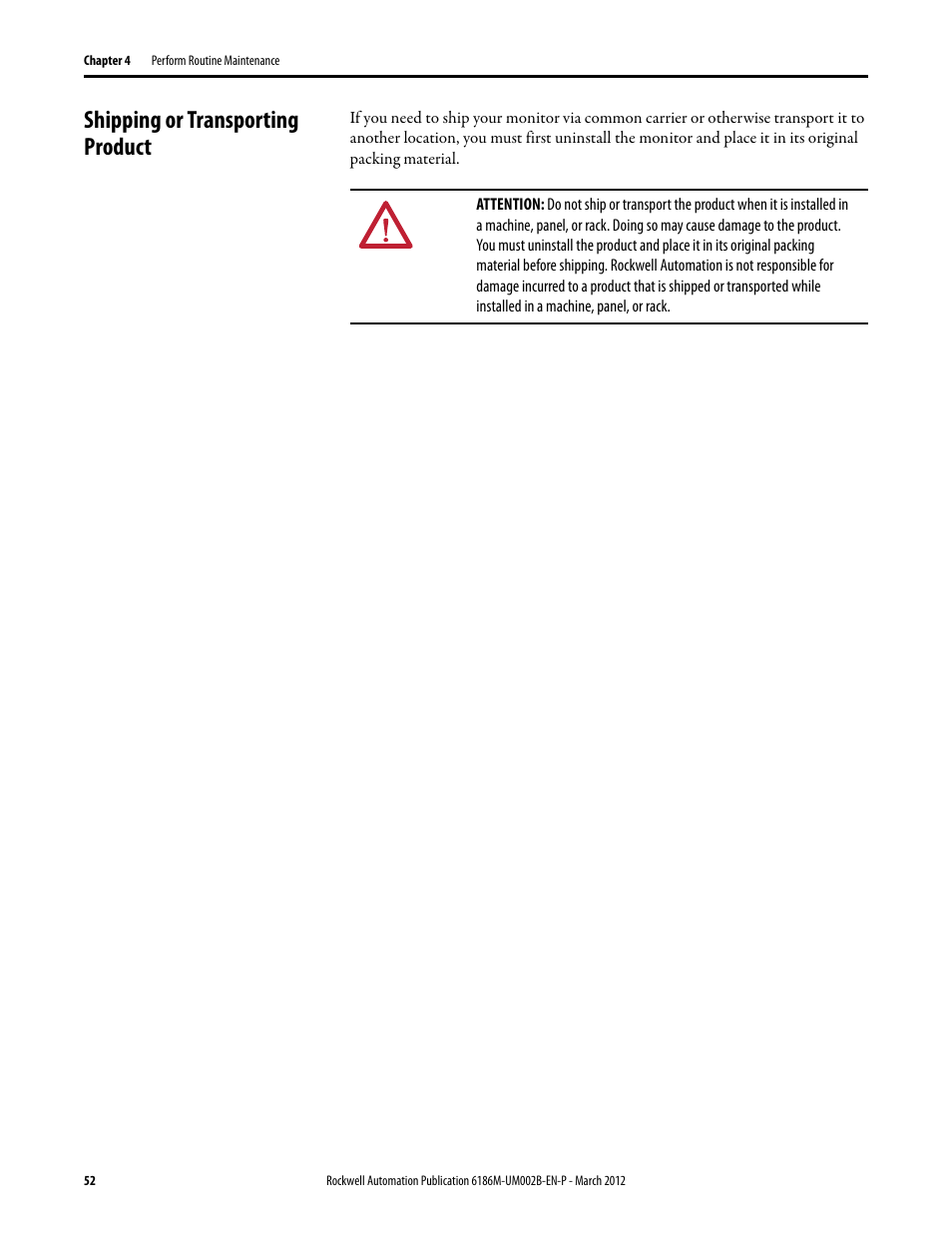 Shipping or transporting product | Rockwell Automation 6186M-xxxx Industrial Performance Monitors User Manual User Manual | Page 52 / 64