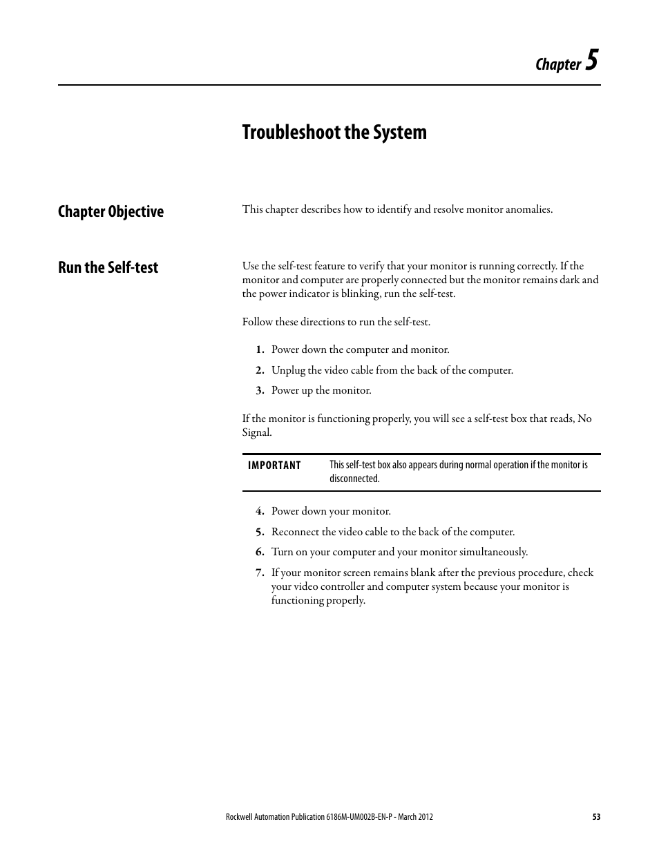 Chapter 5:troubleshoot the system, Chapter objective, Run the self-test | Chapter 5, Troubleshoot the system, Chapter objective run the self-test | Rockwell Automation 6186M-xxxx Industrial Performance Monitors User Manual User Manual | Page 53 / 64