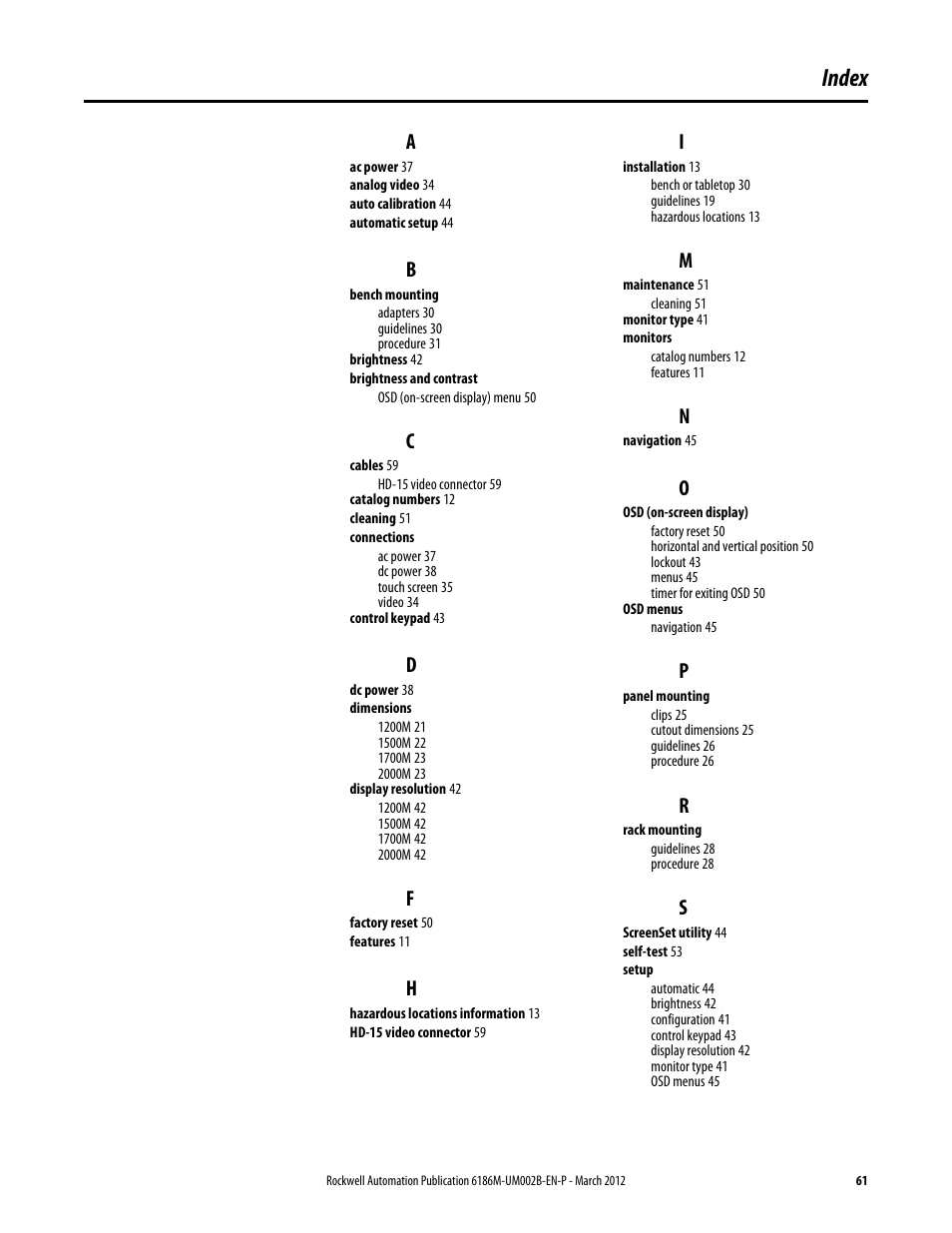Index | Rockwell Automation 6186M-xxxx Industrial Performance Monitors User Manual User Manual | Page 61 / 64