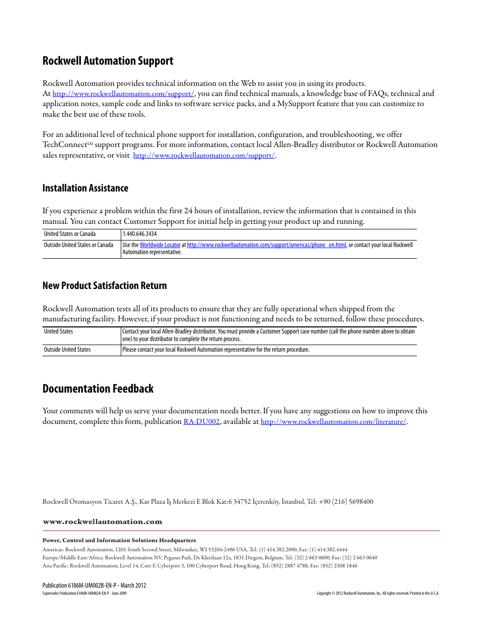 Back cover/rockwell support, Installation assistance, New product satisfaction return | Documentation feedback, Rockwell automation support | Rockwell Automation 6186M-xxxx Industrial Performance Monitors User Manual User Manual | Page 64 / 64