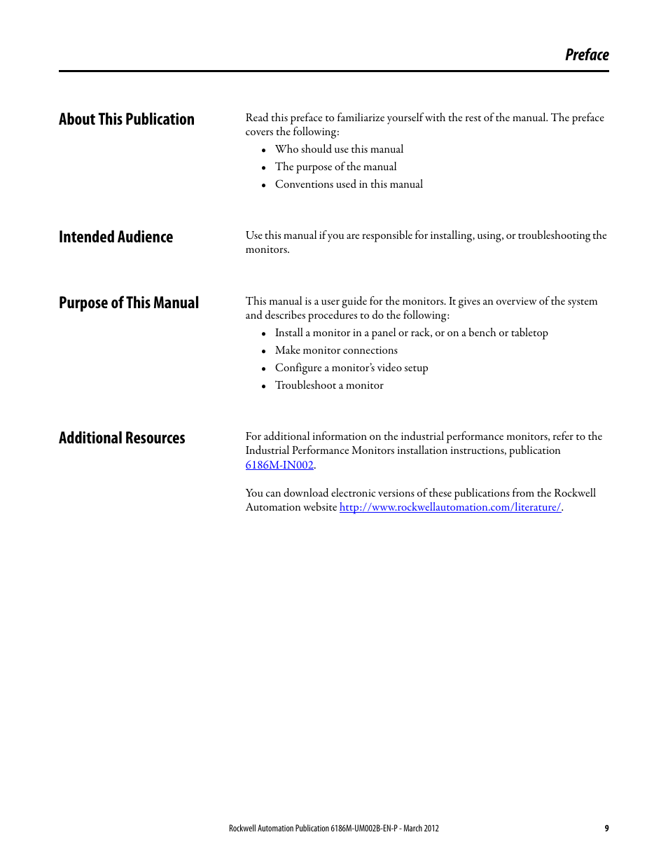 Preface, About this publication, Intended audience | Purpose of this manual, Additional resources, Preface about this publication | Rockwell Automation 6186M-xxxx Industrial Performance Monitors User Manual User Manual | Page 9 / 64