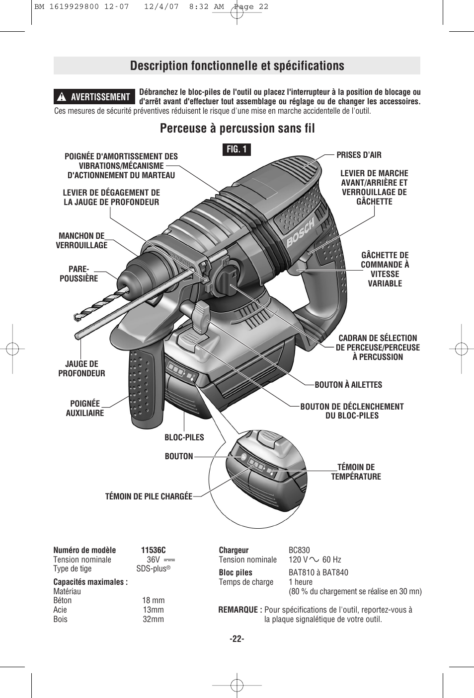 Description fonctionnelle et spécifications, Perceuse à percussion sans fil | Bosch 11536C User Manual | Page 22 / 44