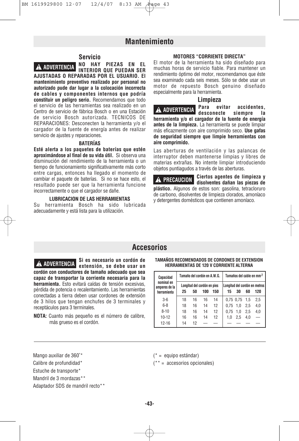 Accesorios, Mantenimiento, Servicio | Limpieza | Bosch 11536C User Manual | Page 43 / 44