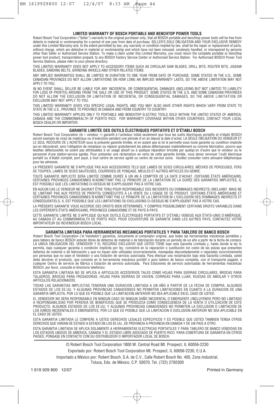 Bosch 11536C User Manual | Page 44 / 44