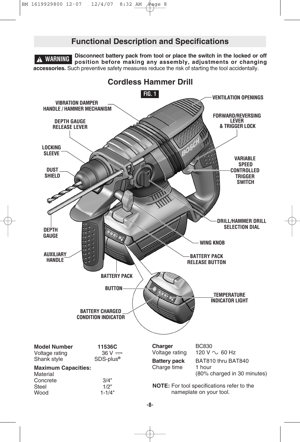 Functional description and specifications, Cordless hammer drill | Bosch 11536C User Manual | Page 8 / 44