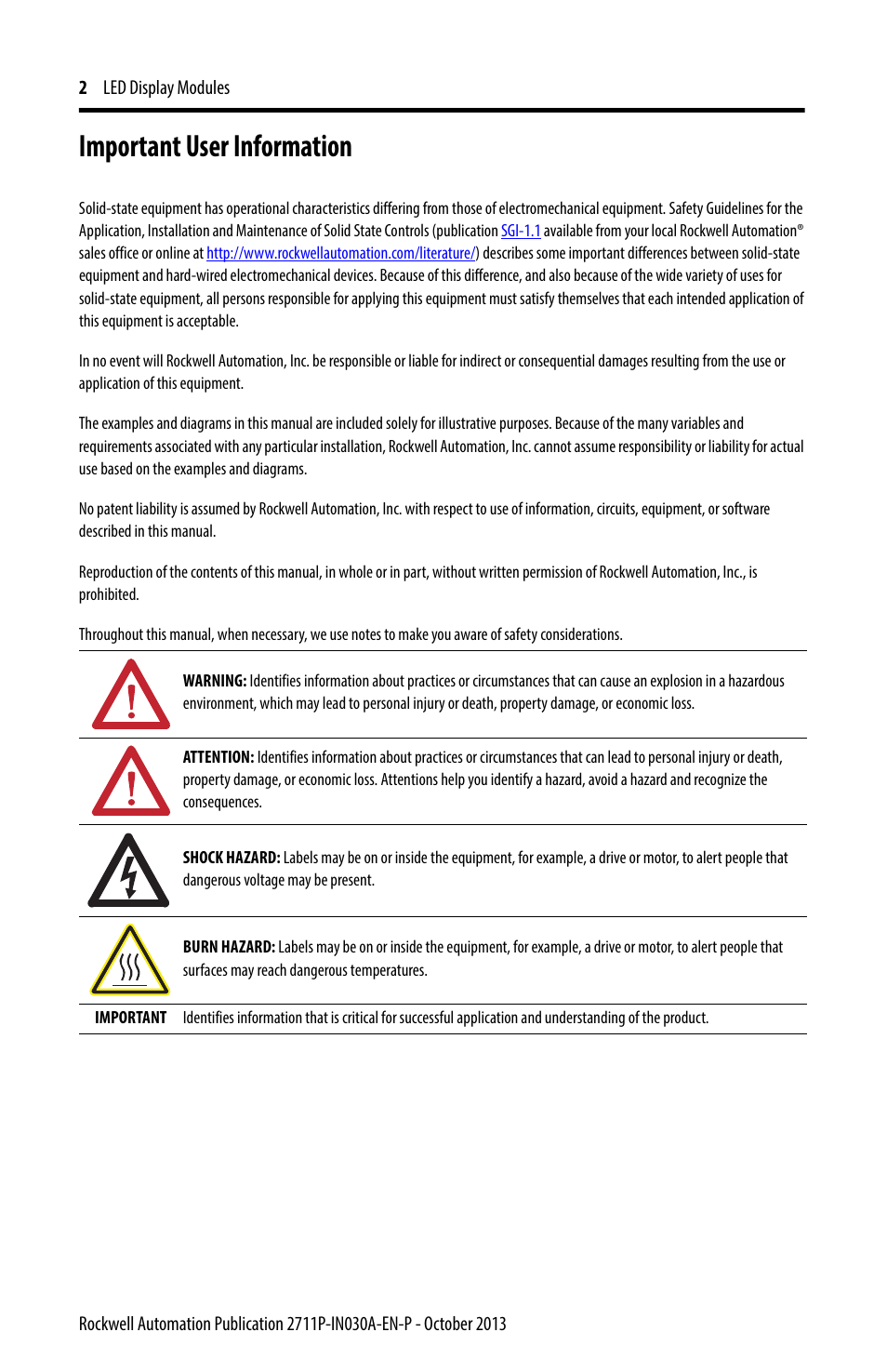 Important user information | Rockwell Automation 2711P-RDKxxx_RDTxxx_RTBxxx LED Display Modules User Manual | Page 2 / 12