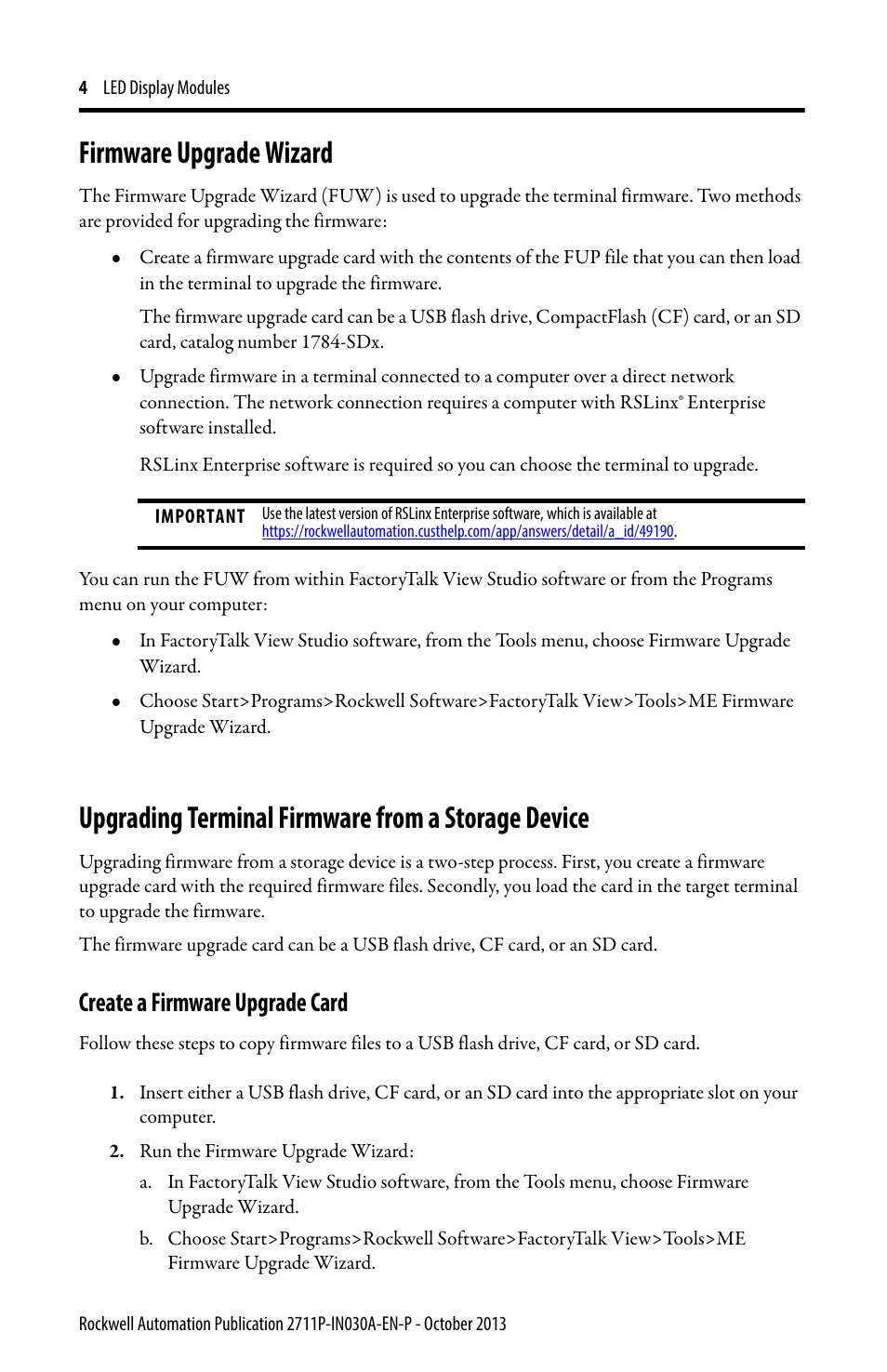 Firmware upgrade wizard, Upgrading terminal firmware from a storage device, Create a firmware upgrade card | Rockwell Automation 2711P-RDKxxx_RDTxxx_RTBxxx LED Display Modules User Manual | Page 4 / 12