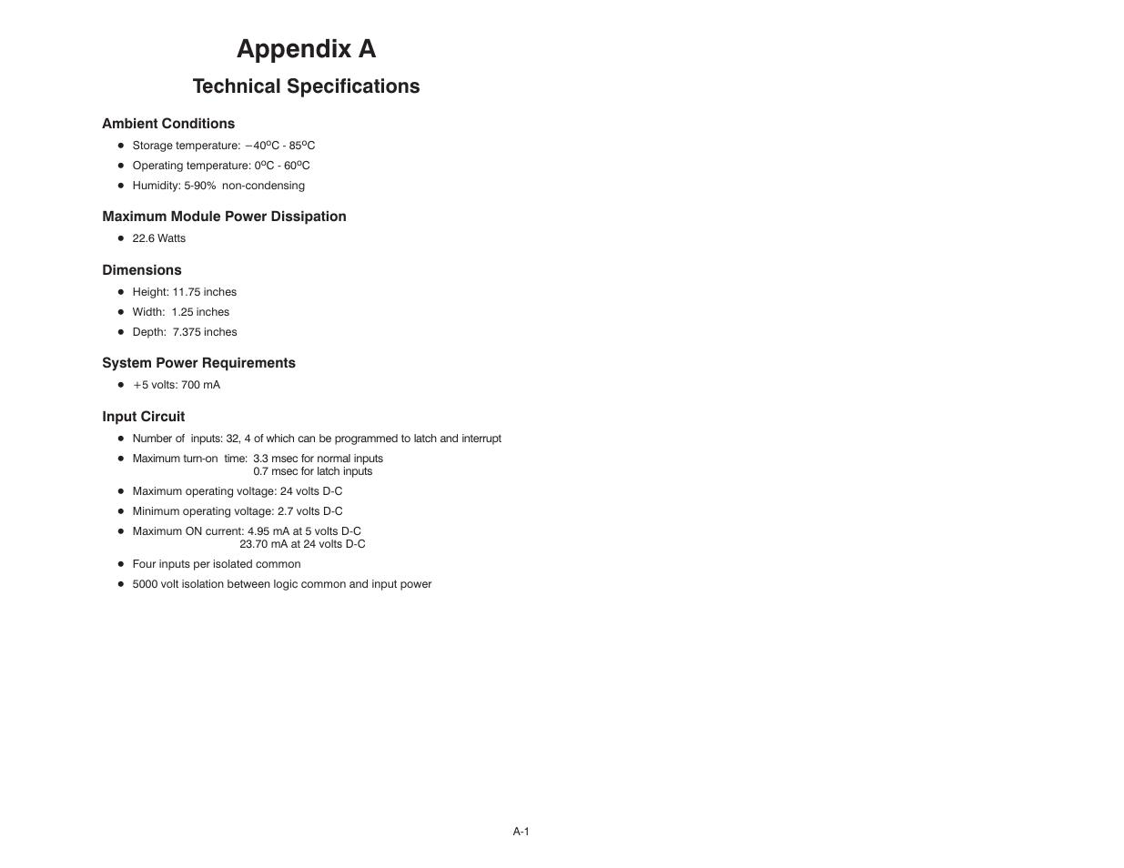 A technical specifications, Appendix a, Technical specifications | Rockwell Automation 57C419 5V-24V DC Input Module User Manual | Page 31 / 48