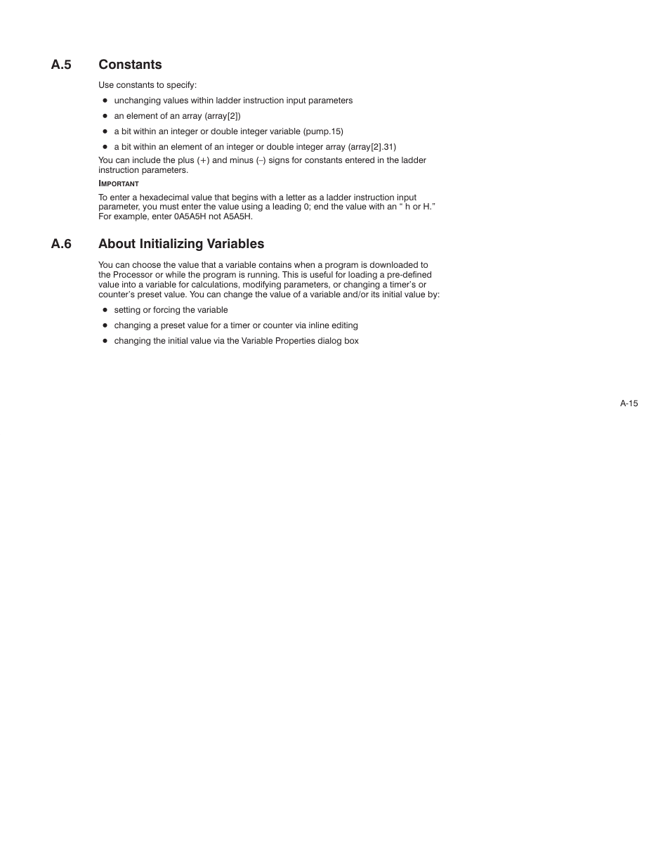 A.5 constants, A.6 about initializing variables | Rockwell Automation AutoMax Enhanced Ladder Language Reference Manual User Manual | Page 287 / 352