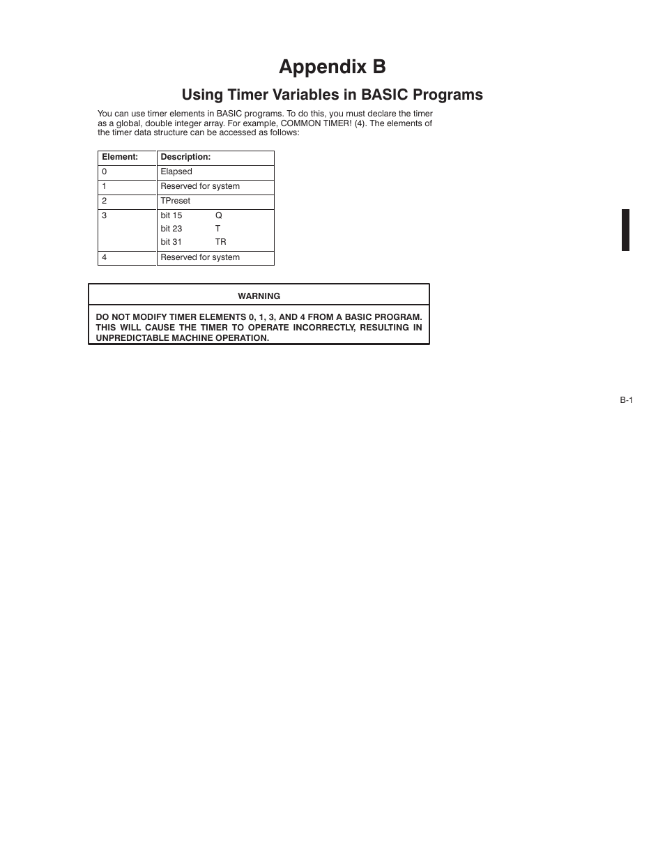 B - using timer variables in basic programs, Appendix b, Using timer variables in basic programs | Rockwell Automation AutoMax Enhanced Ladder Language Reference Manual User Manual | Page 297 / 352