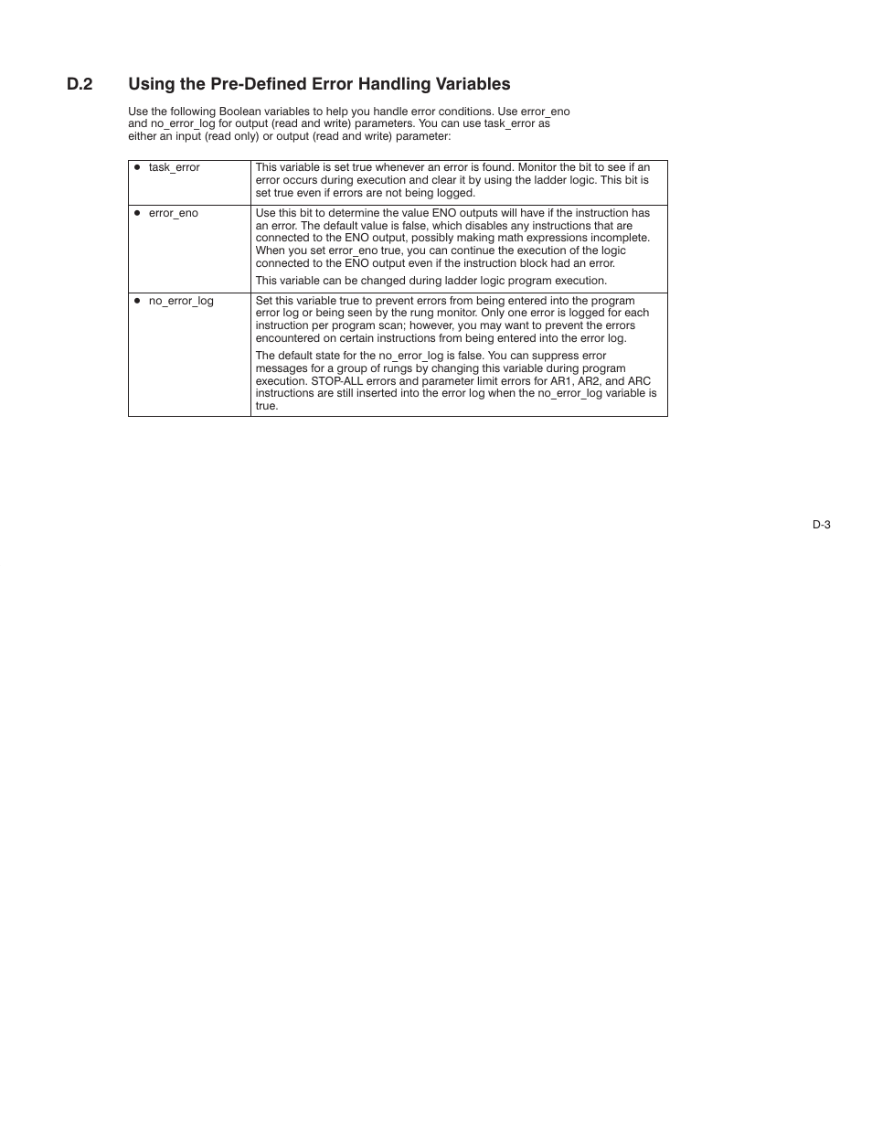 D.2 using the pre-defined error handling variables, D.2 using the prećdefined error handling variables | Rockwell Automation AutoMax Enhanced Ladder Language Reference Manual User Manual | Page 305 / 352