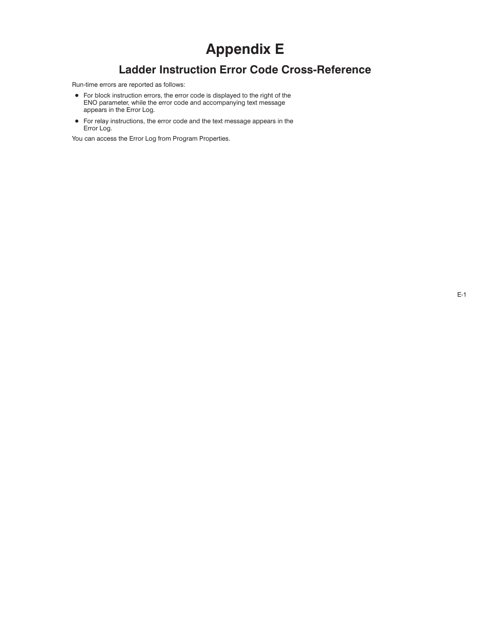 E - ladder instruction error code cross-reference, Appendix e, Ladder instruction error code crossćreference | Rockwell Automation AutoMax Enhanced Ladder Language Reference Manual User Manual | Page 307 / 352