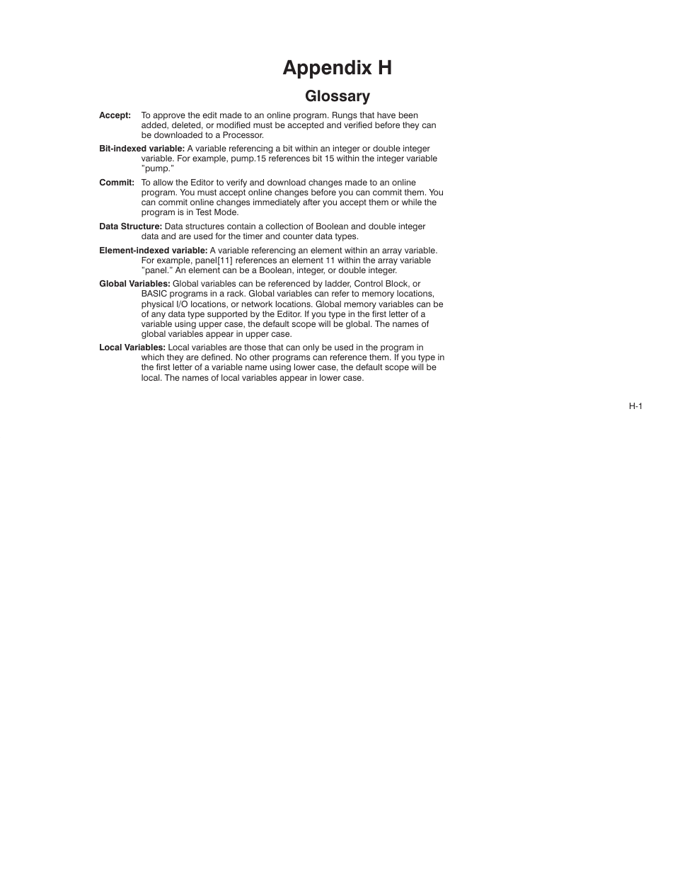 H - glossary, Appendix h, Glossary | Rockwell Automation AutoMax Enhanced Ladder Language Reference Manual User Manual | Page 335 / 352