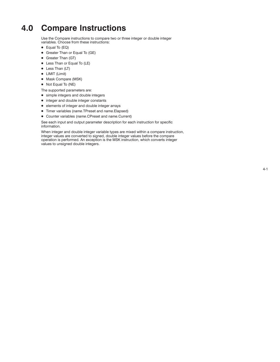 0 - compare instructions, 0 compare instructions | Rockwell Automation AutoMax Enhanced Ladder Language Reference Manual User Manual | Page 61 / 352