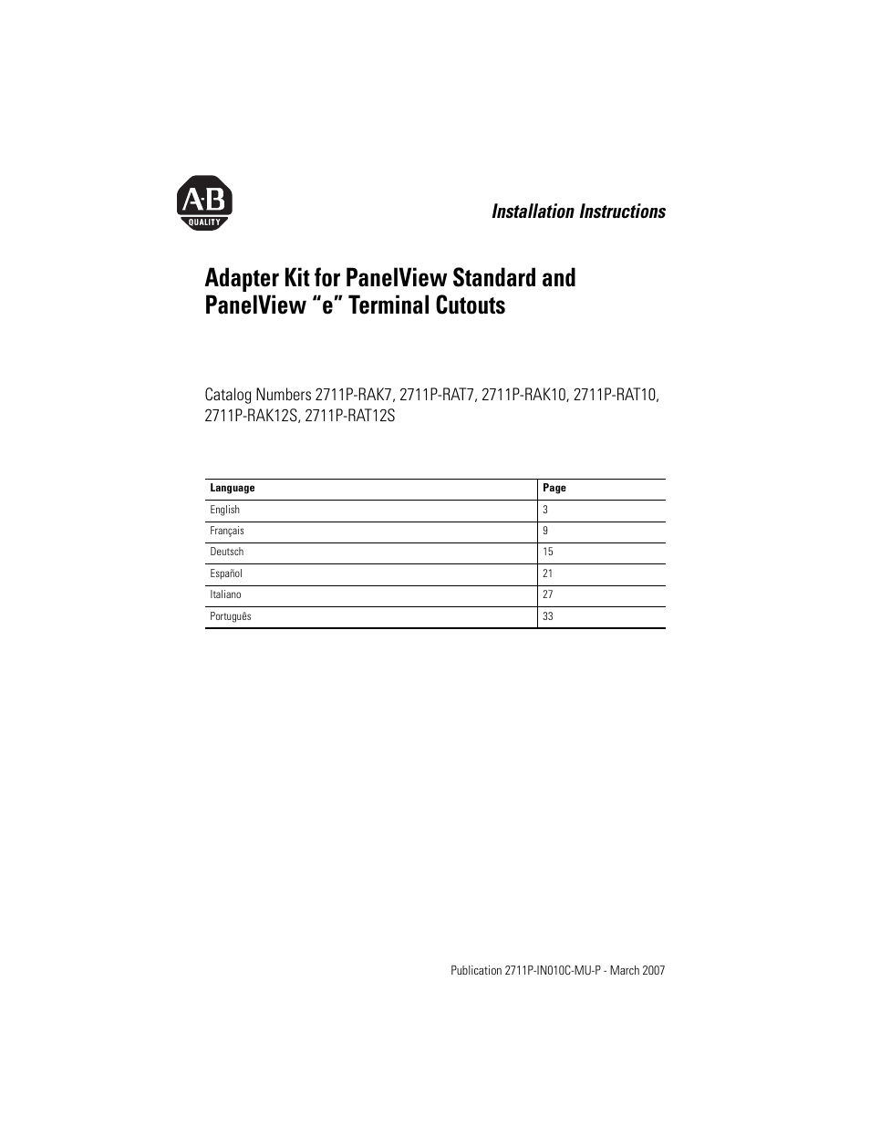 Rockwell Automation 2711P-xxxx Adapter Kit for PanelView Std and e Terminals User Manual | 40 pages