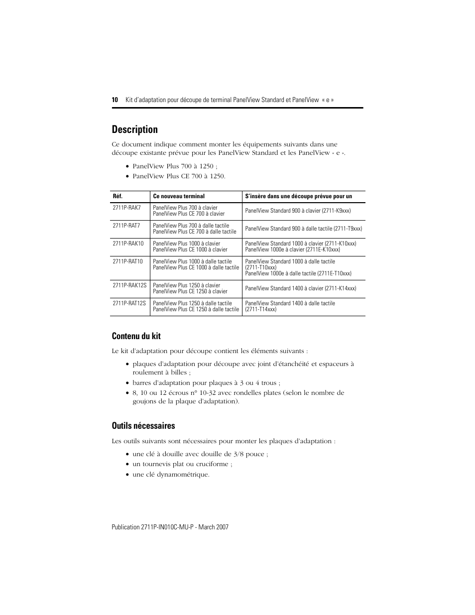 Description, Contenu du kit, Outils nécessaires | Rockwell Automation 2711P-xxxx Adapter Kit for PanelView Std and e Terminals User Manual | Page 10 / 40