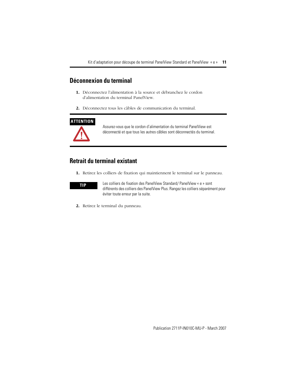 Déconnexion du terminal, Retrait du terminal existant | Rockwell Automation 2711P-xxxx Adapter Kit for PanelView Std and e Terminals User Manual | Page 11 / 40