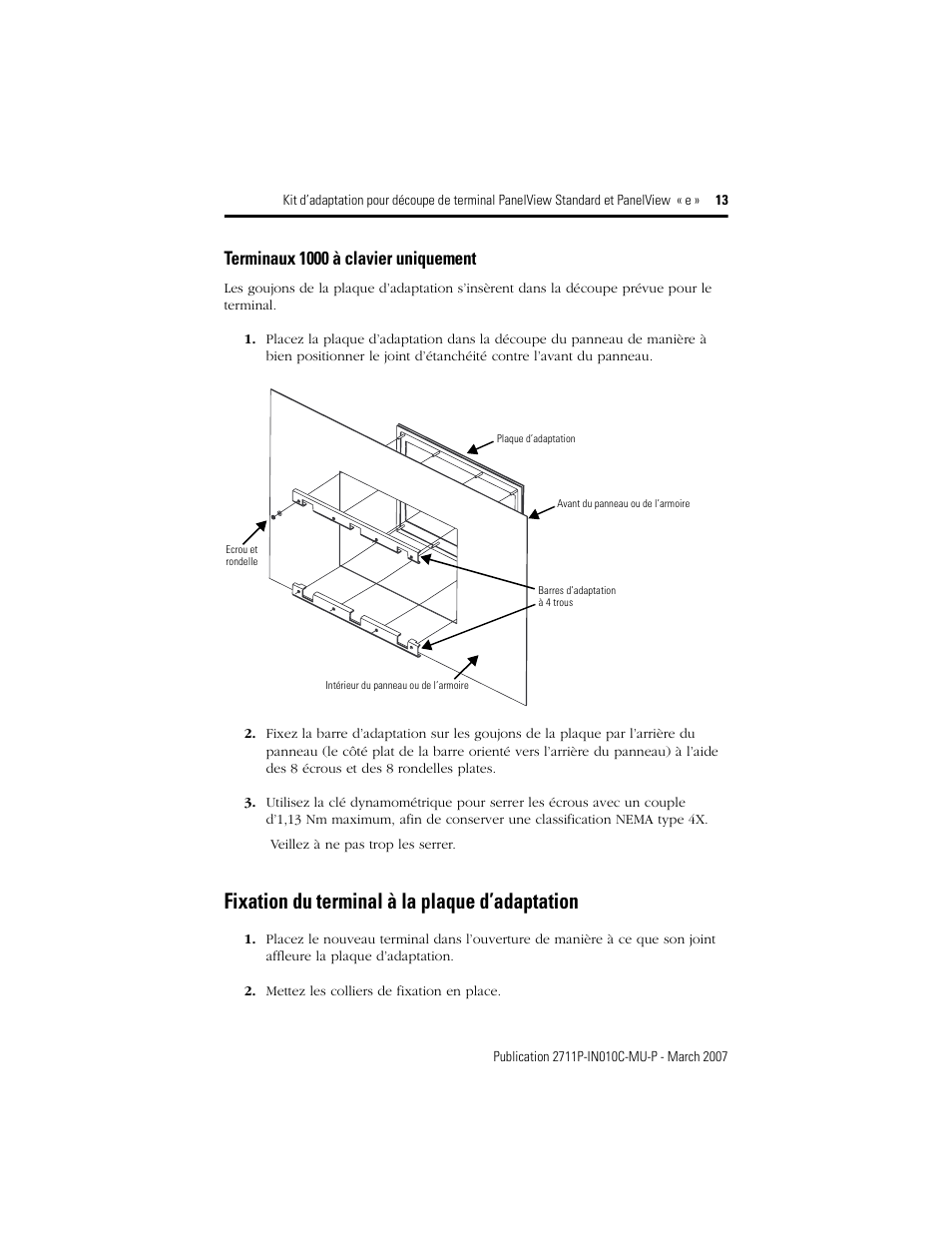Fixation du terminal à la plaque d’adaptation, Terminaux 1000 à clavier uniquement | Rockwell Automation 2711P-xxxx Adapter Kit for PanelView Std and e Terminals User Manual | Page 13 / 40