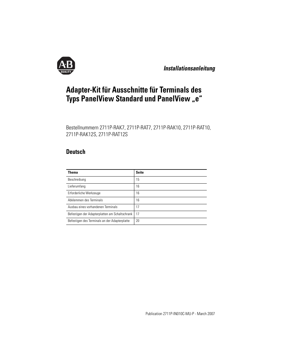 Deutsch, Installationsanleitung | Rockwell Automation 2711P-xxxx Adapter Kit for PanelView Std and e Terminals User Manual | Page 15 / 40