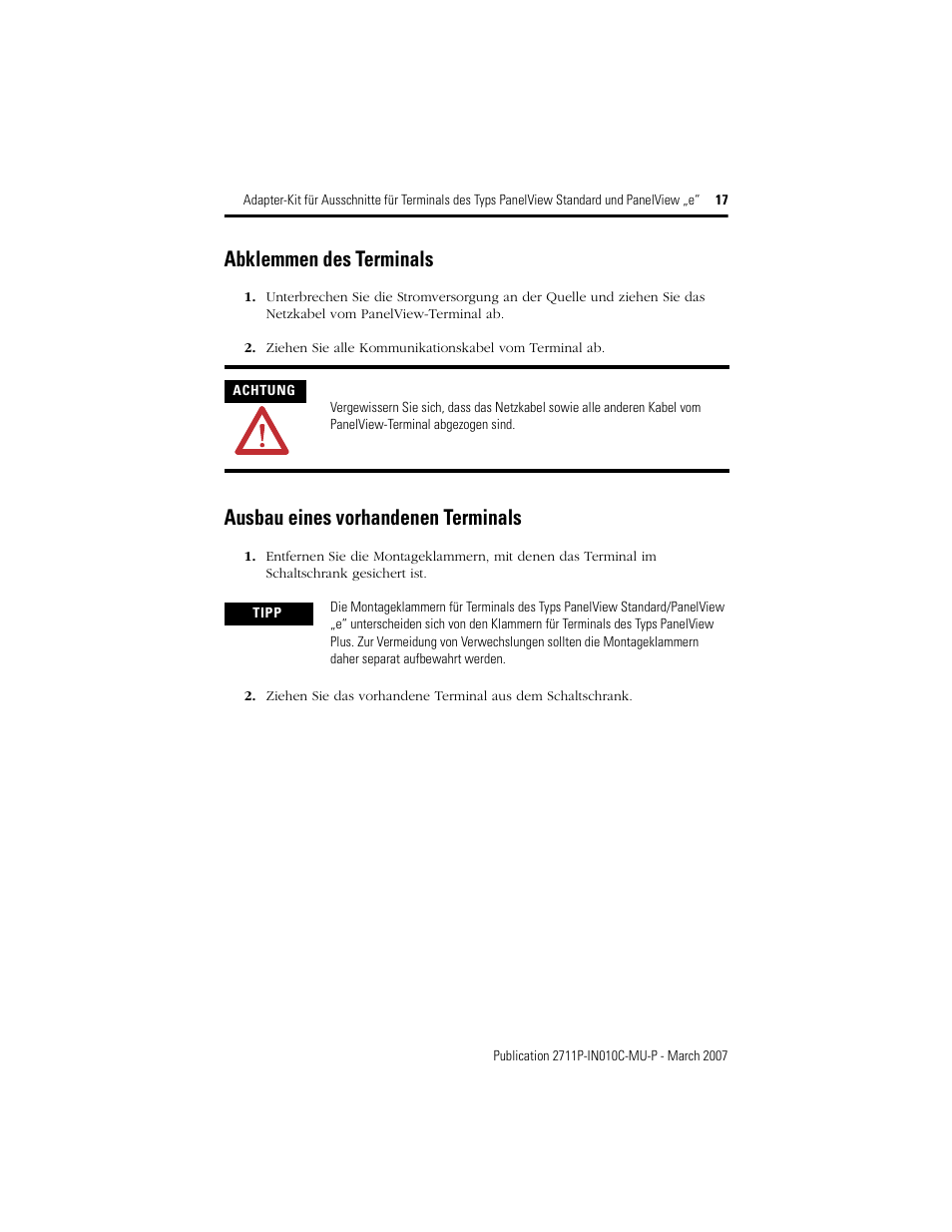 Abklemmen des terminals, Ausbau eines vorhandenen terminals | Rockwell Automation 2711P-xxxx Adapter Kit for PanelView Std and e Terminals User Manual | Page 17 / 40