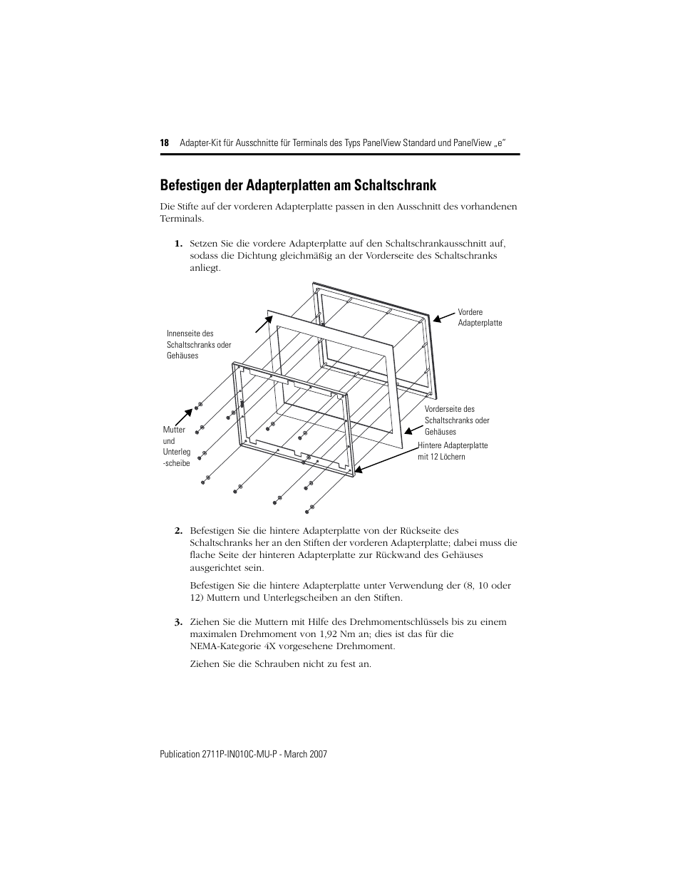Befestigen der adapterplatten am schaltschrank | Rockwell Automation 2711P-xxxx Adapter Kit for PanelView Std and e Terminals User Manual | Page 18 / 40