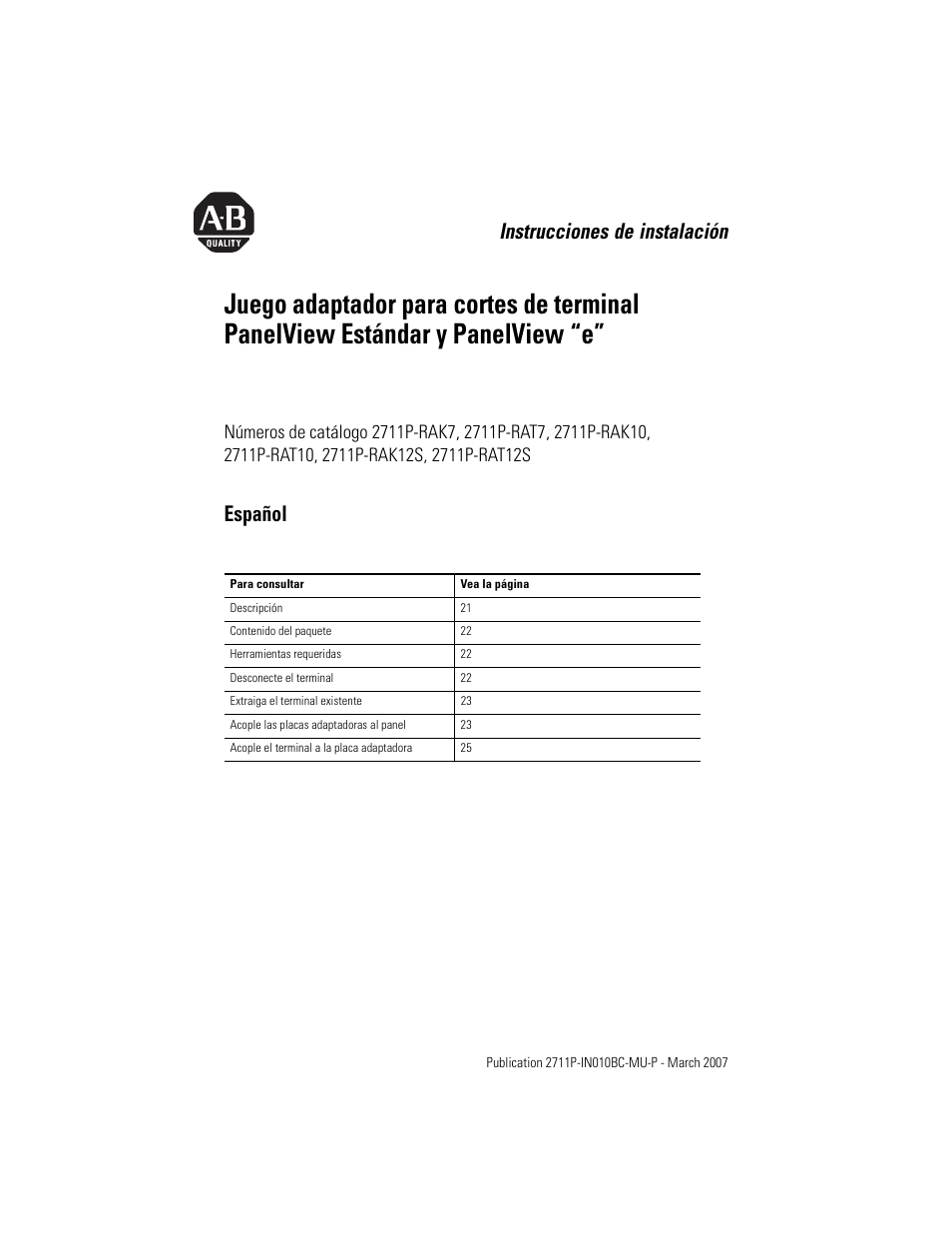 Español, Instrucciones de instalación | Rockwell Automation 2711P-xxxx Adapter Kit for PanelView Std and e Terminals User Manual | Page 21 / 40