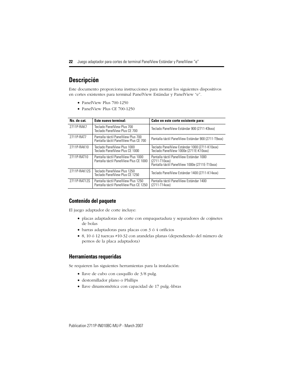 Rockwell Automation 2711P-xxxx Adapter Kit for PanelView Std and e Terminals User Manual | Page 22 / 40