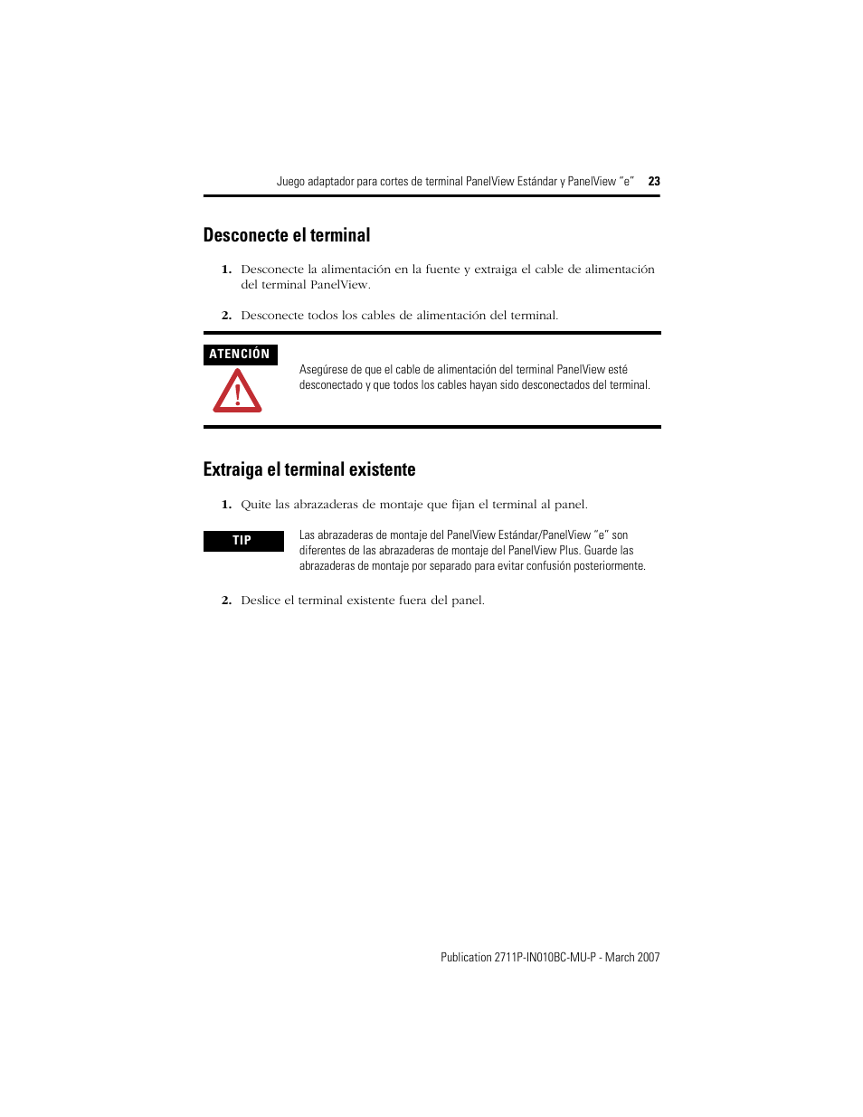 Desconecte el terminal, Extraiga el terminal existente | Rockwell Automation 2711P-xxxx Adapter Kit for PanelView Std and e Terminals User Manual | Page 23 / 40