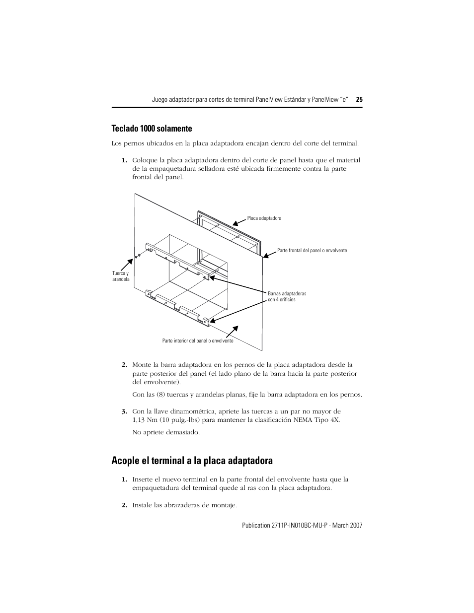 Acople el terminal a la placa adaptadora, Teclado 1000 solamente | Rockwell Automation 2711P-xxxx Adapter Kit for PanelView Std and e Terminals User Manual | Page 25 / 40