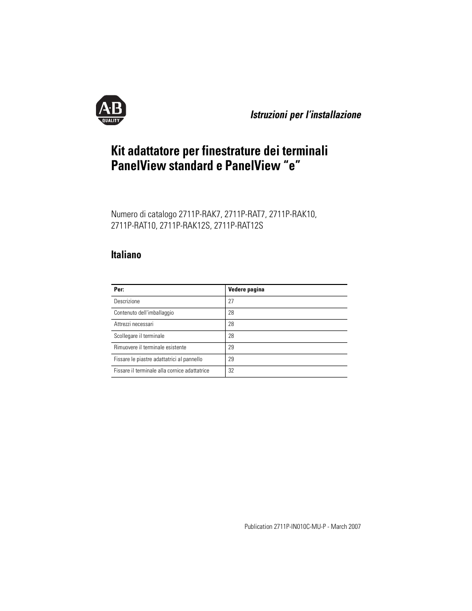 Italiano, Istruzioni per l’installazione | Rockwell Automation 2711P-xxxx Adapter Kit for PanelView Std and e Terminals User Manual | Page 27 / 40