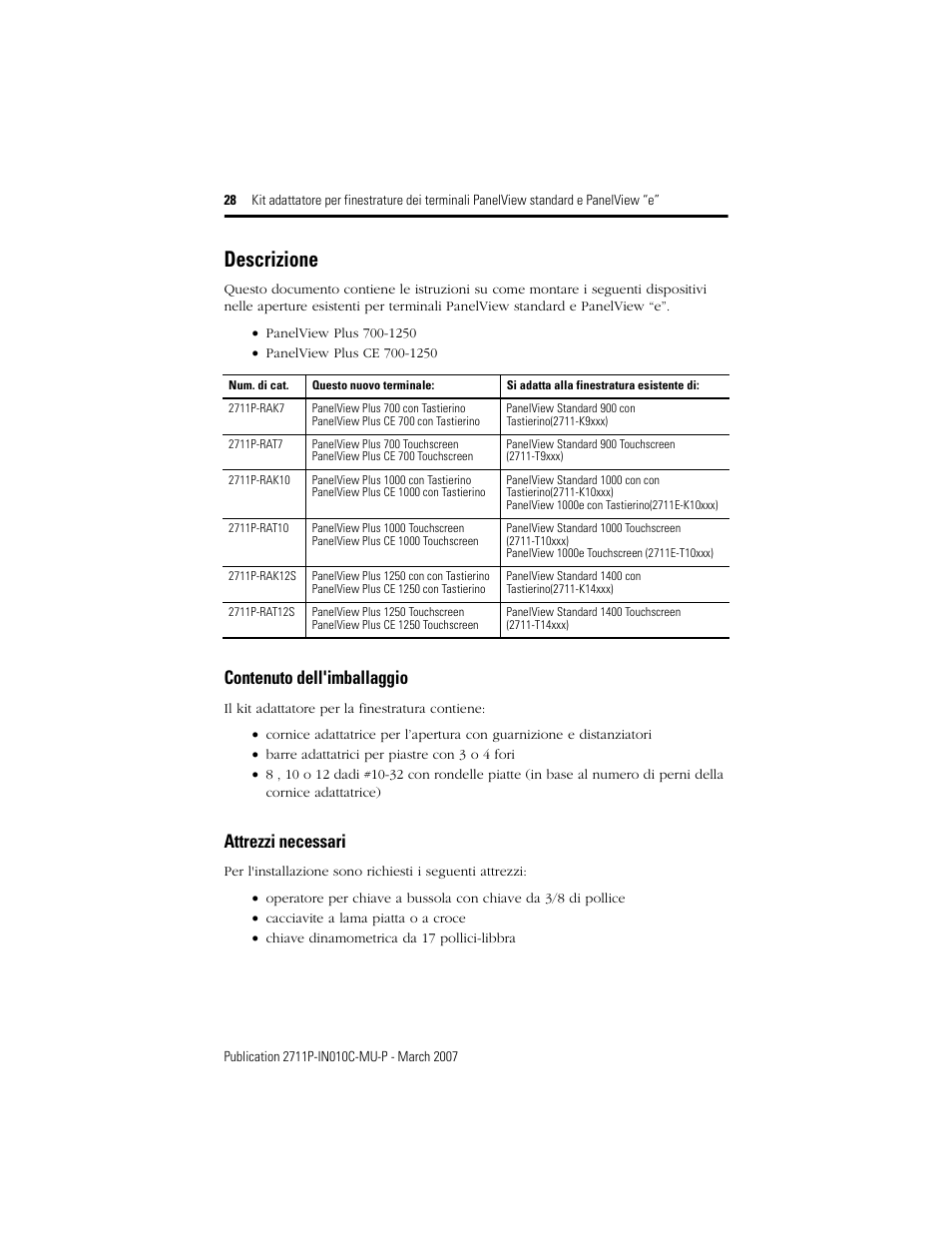 Descrizione, Contenuto dell'imballaggio, Attrezzi necessari | Rockwell Automation 2711P-xxxx Adapter Kit for PanelView Std and e Terminals User Manual | Page 28 / 40