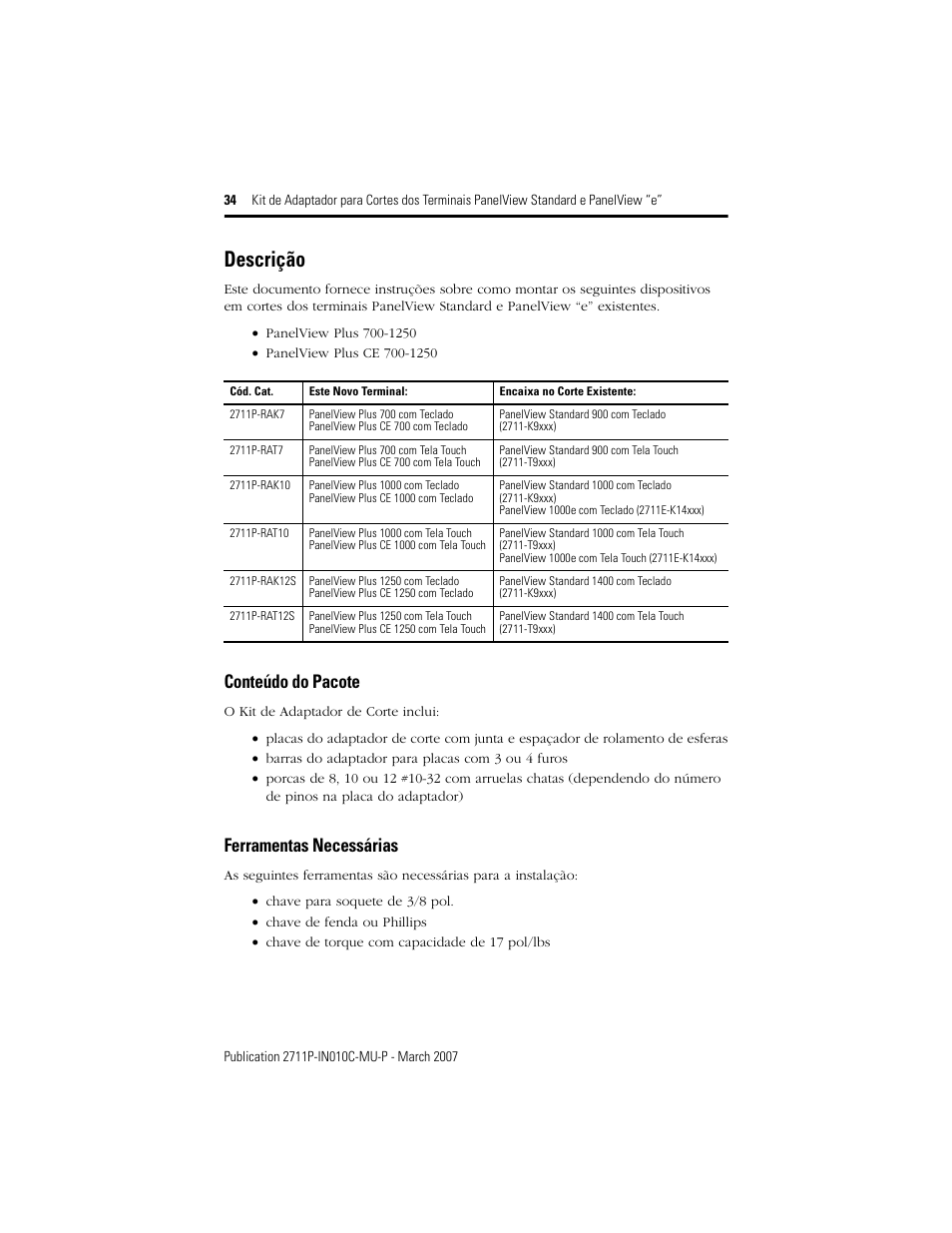 Descrição, Conteúdo do pacote, Ferramentas necessárias | Rockwell Automation 2711P-xxxx Adapter Kit for PanelView Std and e Terminals User Manual | Page 34 / 40