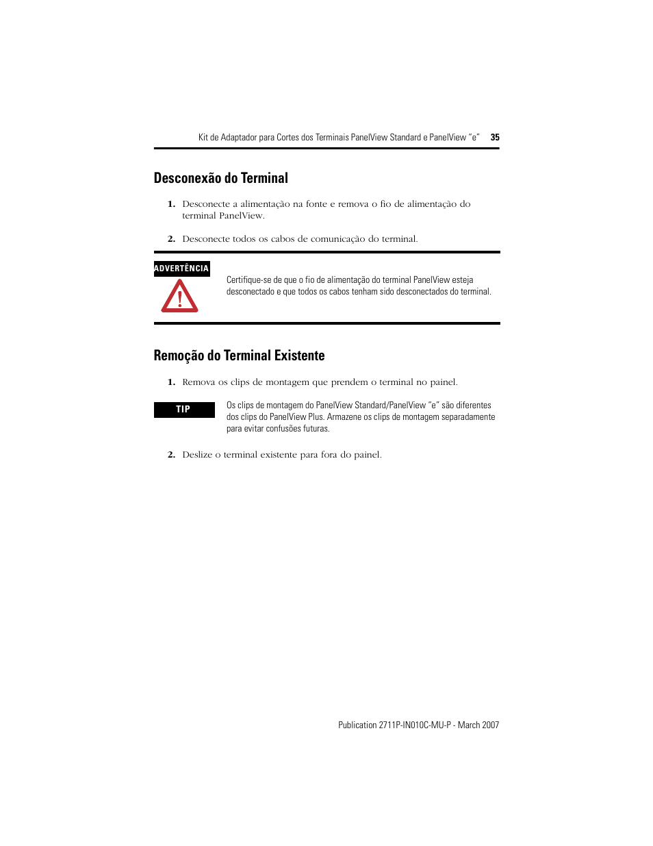 Desconexão do terminal, Remoção do terminal existente | Rockwell Automation 2711P-xxxx Adapter Kit for PanelView Std and e Terminals User Manual | Page 35 / 40