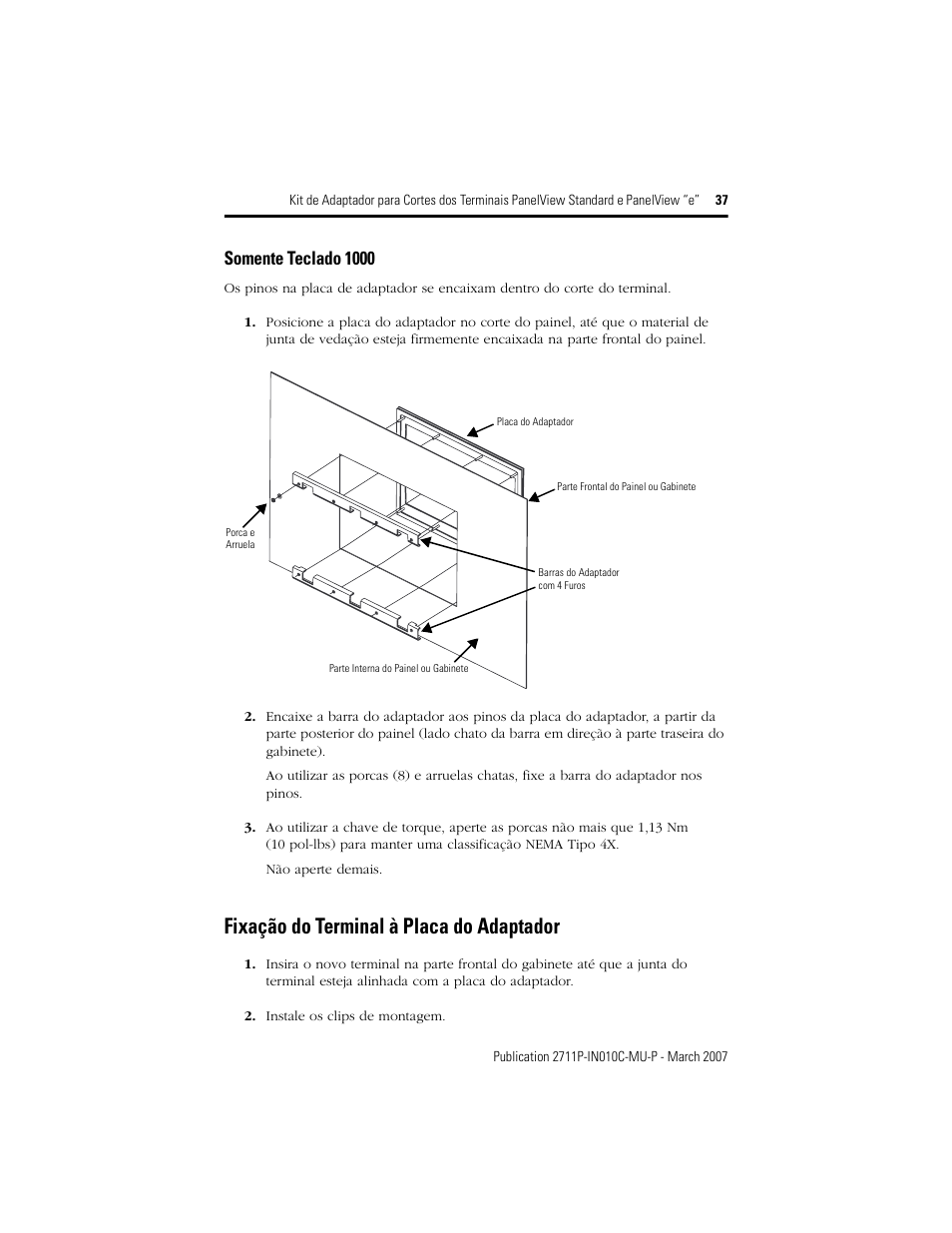 Fixação do terminal à placa do adaptador, Somente teclado 1000 | Rockwell Automation 2711P-xxxx Adapter Kit for PanelView Std and e Terminals User Manual | Page 37 / 40