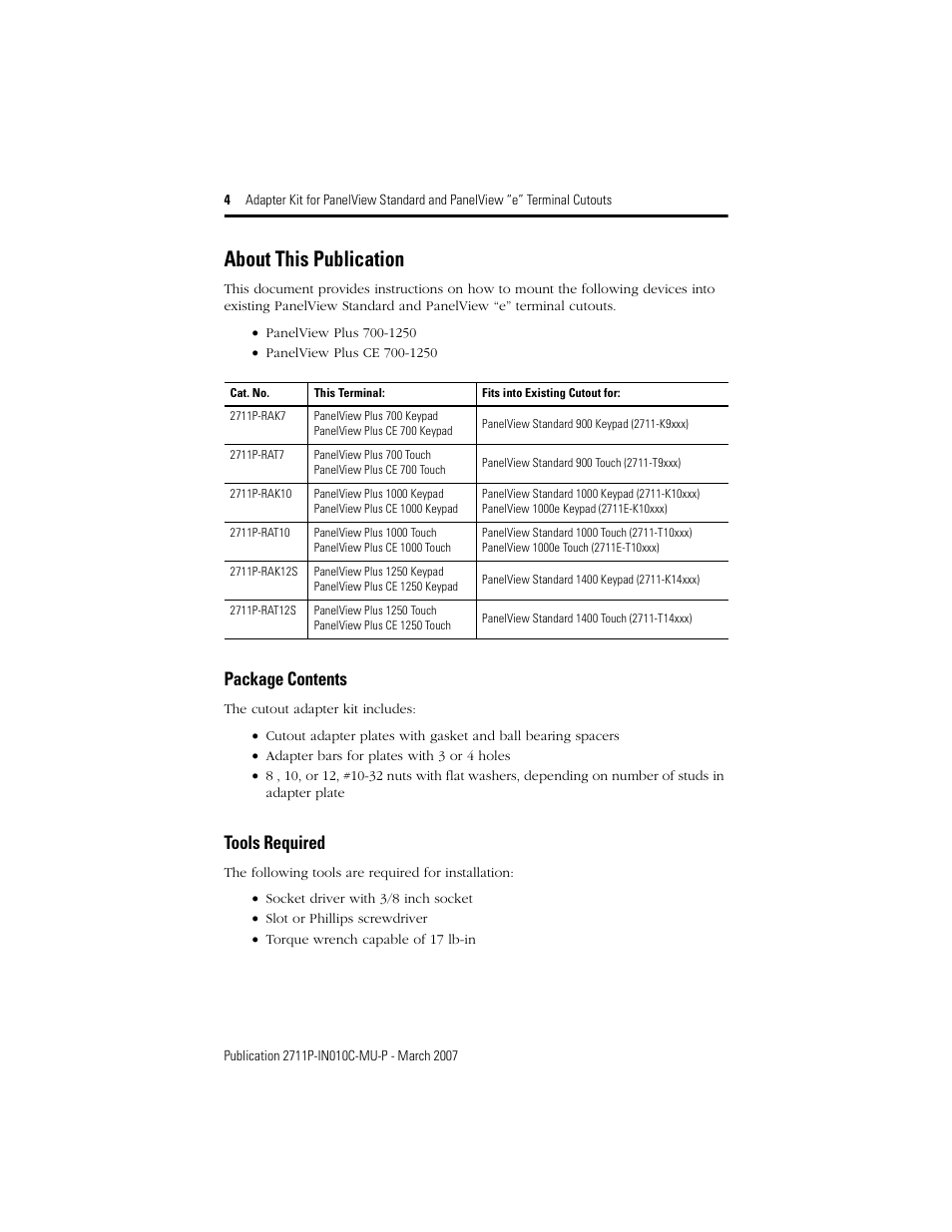 About this publication, Package contents, Tools required | Rockwell Automation 2711P-xxxx Adapter Kit for PanelView Std and e Terminals User Manual | Page 4 / 40