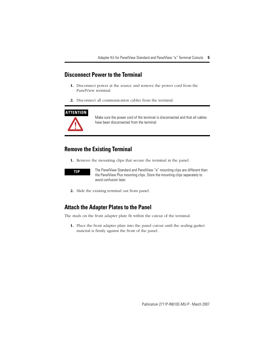 Disconnect power to the terminal, Remove the existing terminal, Attach the adapter plates to the panel | Rockwell Automation 2711P-xxxx Adapter Kit for PanelView Std and e Terminals User Manual | Page 5 / 40