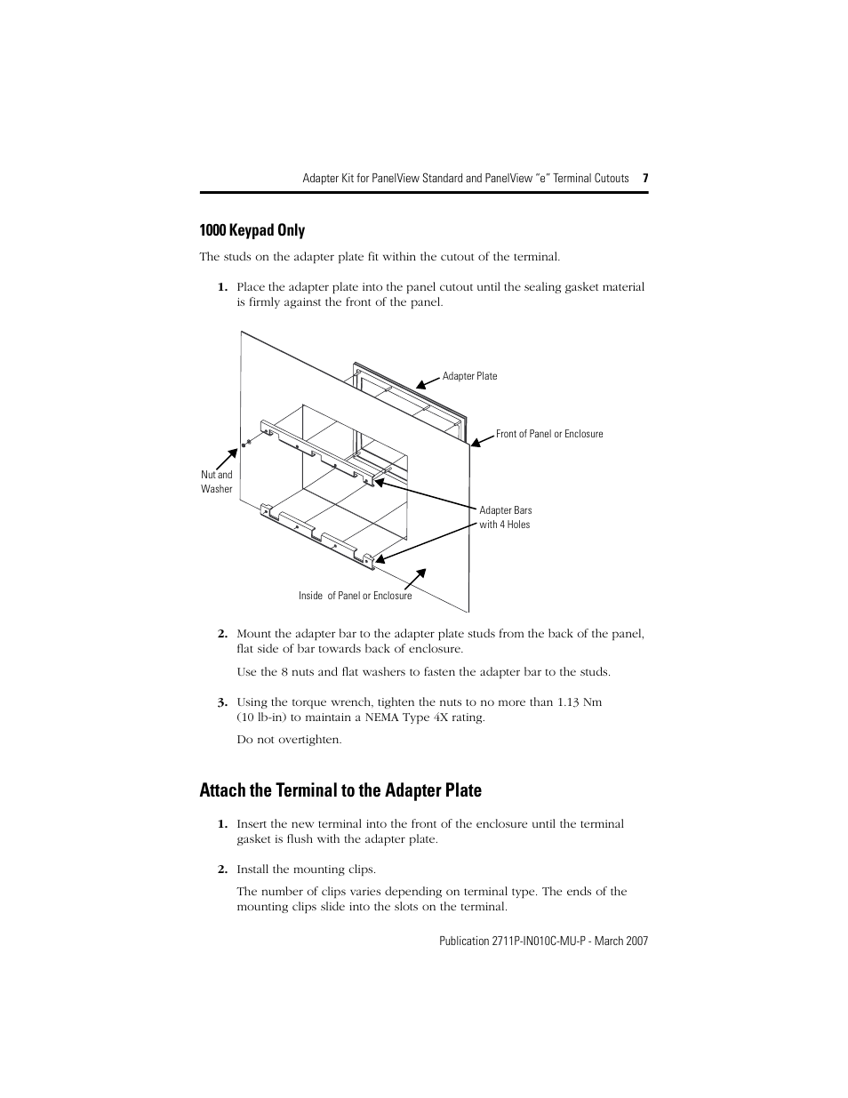 Attach the terminal to the adapter plate, 1000 keypad only | Rockwell Automation 2711P-xxxx Adapter Kit for PanelView Std and e Terminals User Manual | Page 7 / 40