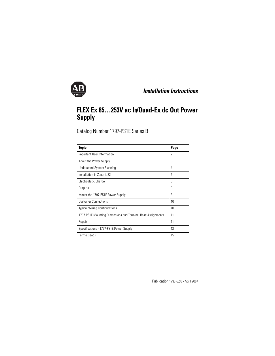 Rockwell Automation 1797-PS1E FLEX Ex 85-253V AC In/Quad-Ex DC Out Power Supply User Manual | 16 pages