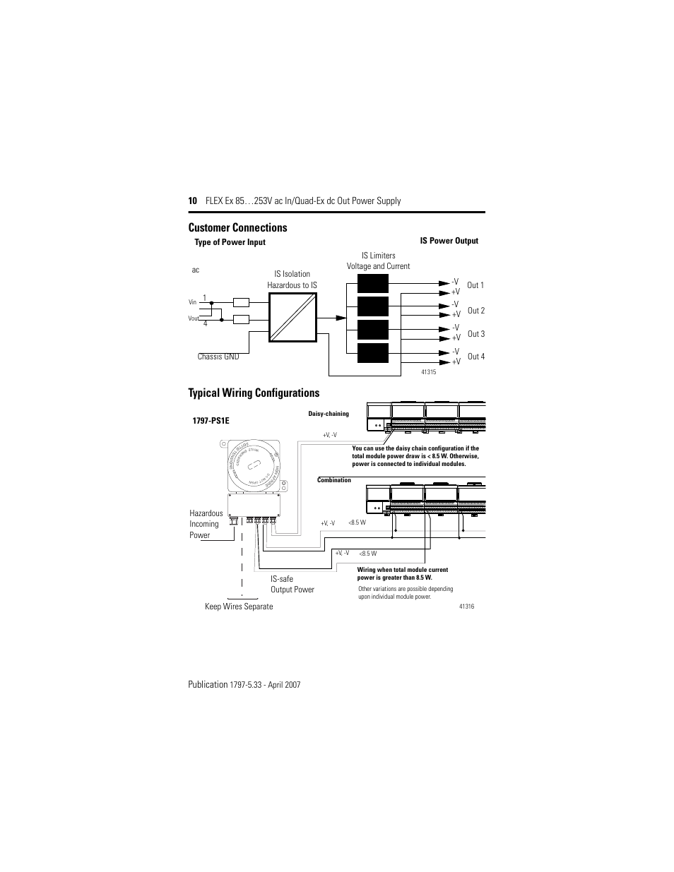 Customer connections, Typical wiring configurations, Customer connections typical wiring configurations | Rockwell Automation 1797-PS1E FLEX Ex 85-253V AC In/Quad-Ex DC Out Power Supply User Manual | Page 10 / 16