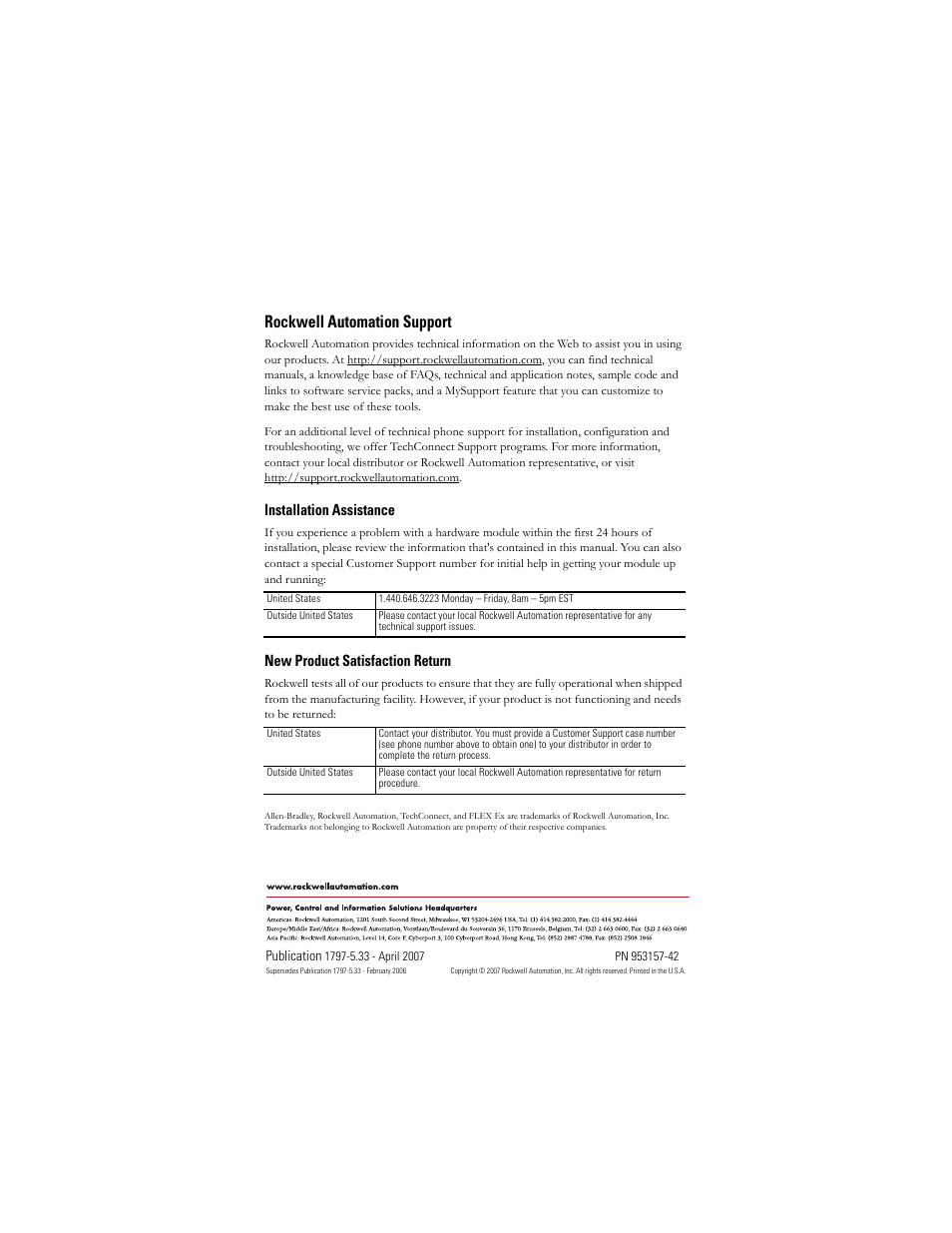 Back cover, Rockwell automation support, Installation assistance | New product satisfaction return | Rockwell Automation 1797-PS1E FLEX Ex 85-253V AC In/Quad-Ex DC Out Power Supply User Manual | Page 16 / 16