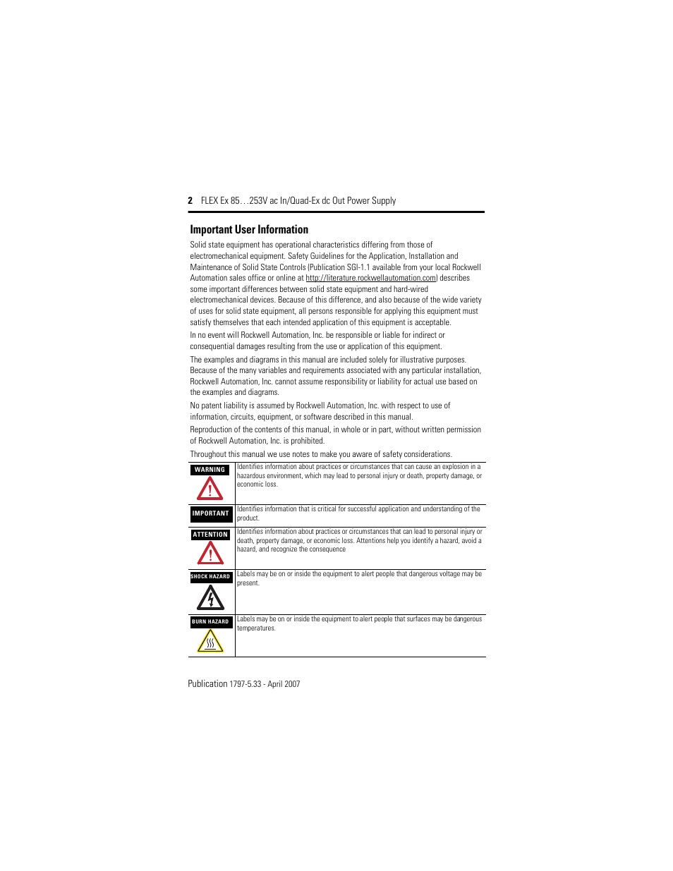 Important user information | Rockwell Automation 1797-PS1E FLEX Ex 85-253V AC In/Quad-Ex DC Out Power Supply User Manual | Page 2 / 16